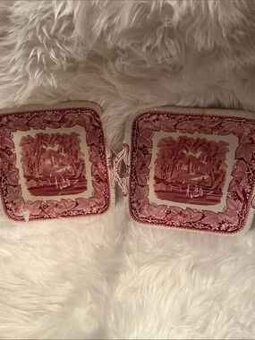 Mason Red and White Scenic Transferware Square Serving Dishes
